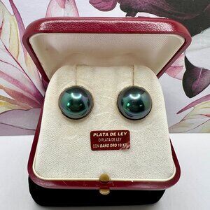 Majorica 925 18K Gold Plate Oil Slick Pearl CLIP Earrings